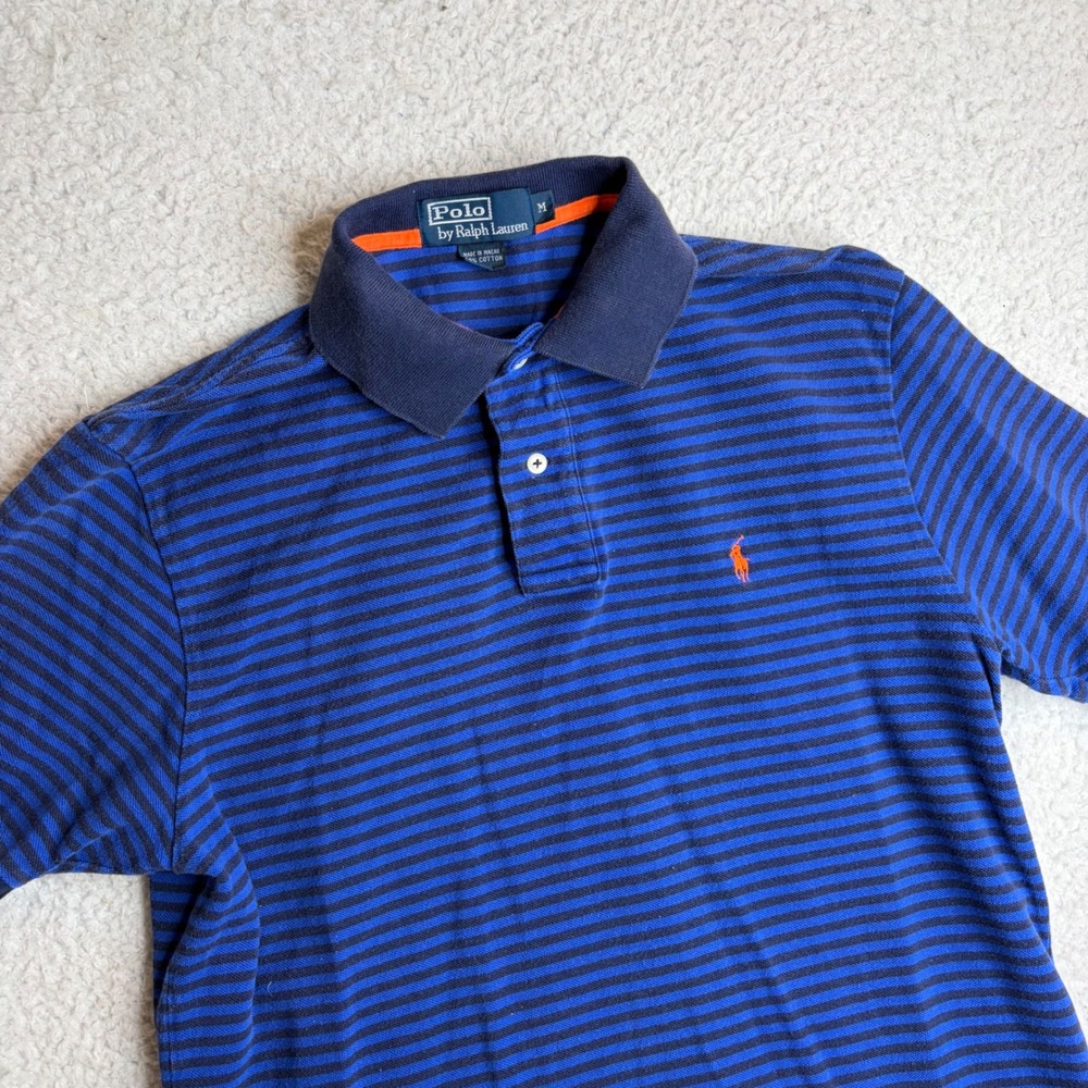 Polo Ralph Lauren Striped Polo Shirt Mens Medium Blue Navy Orange Pony Logo